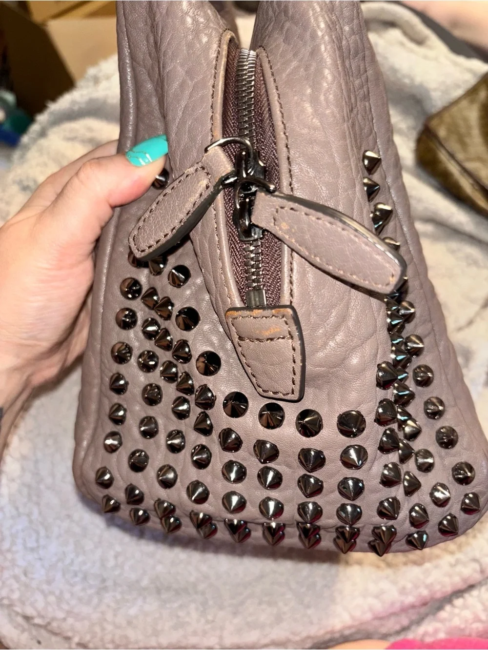 MCM Keana Gunmetal Studded Pebbled Leather Satchel Bag